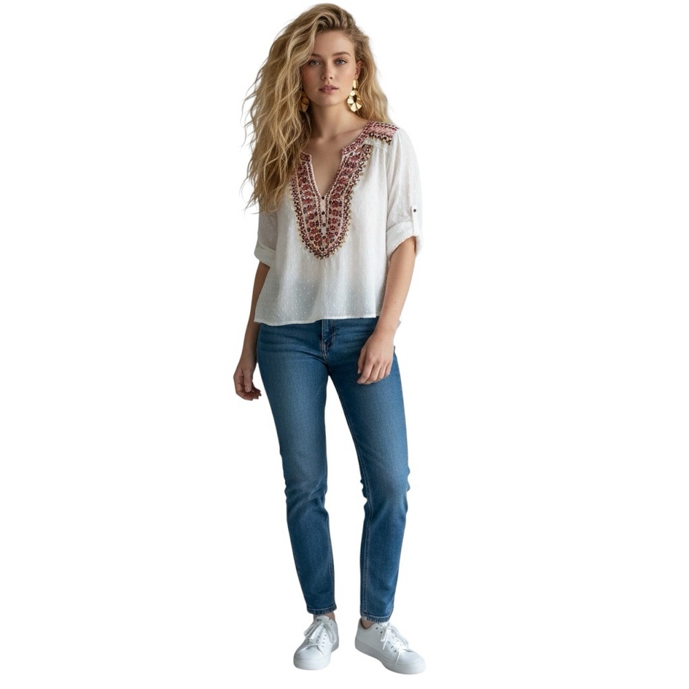 Knox Rose Boho Embroidered V-Neck Peasant Blouse